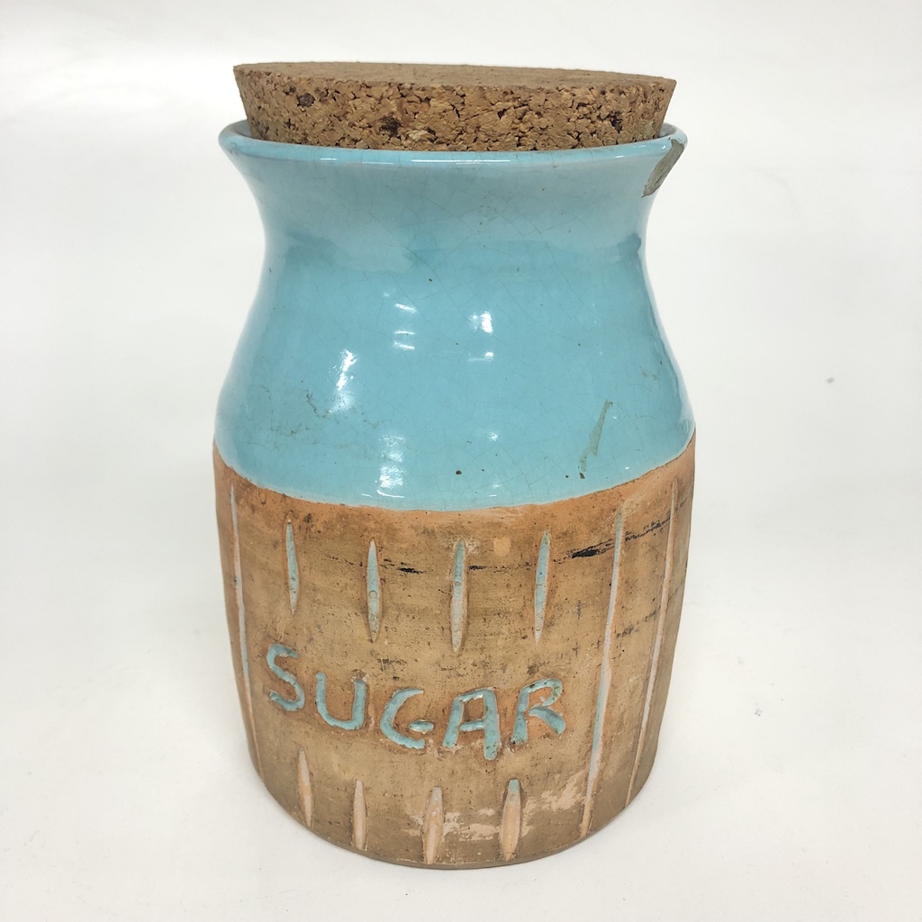 CANNISTER, Blue Glazed Storage Jar 'Sugar w Cork Stopper